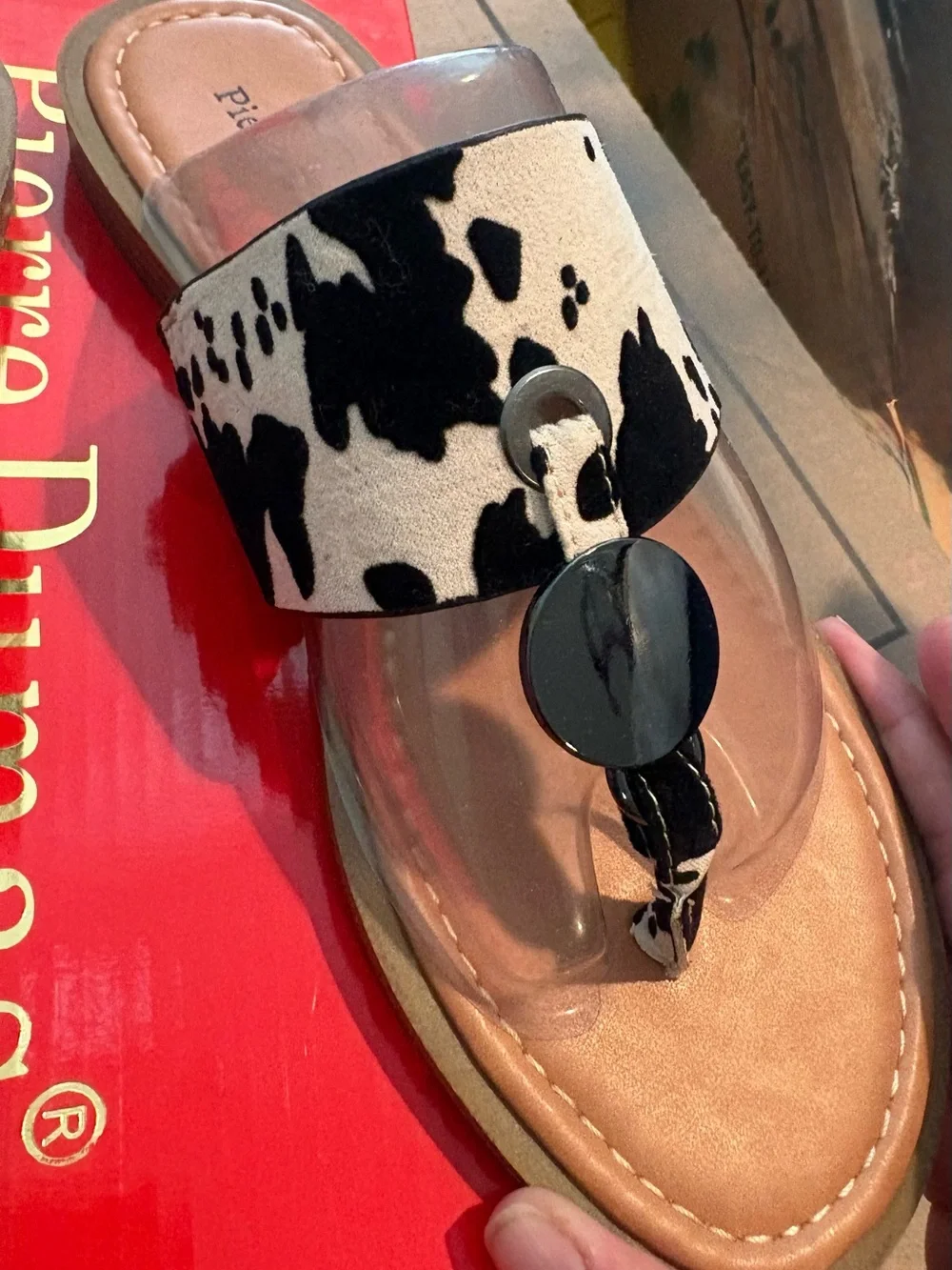 Pierre Dumas Black & White Cow Print Toe-Post Sandals